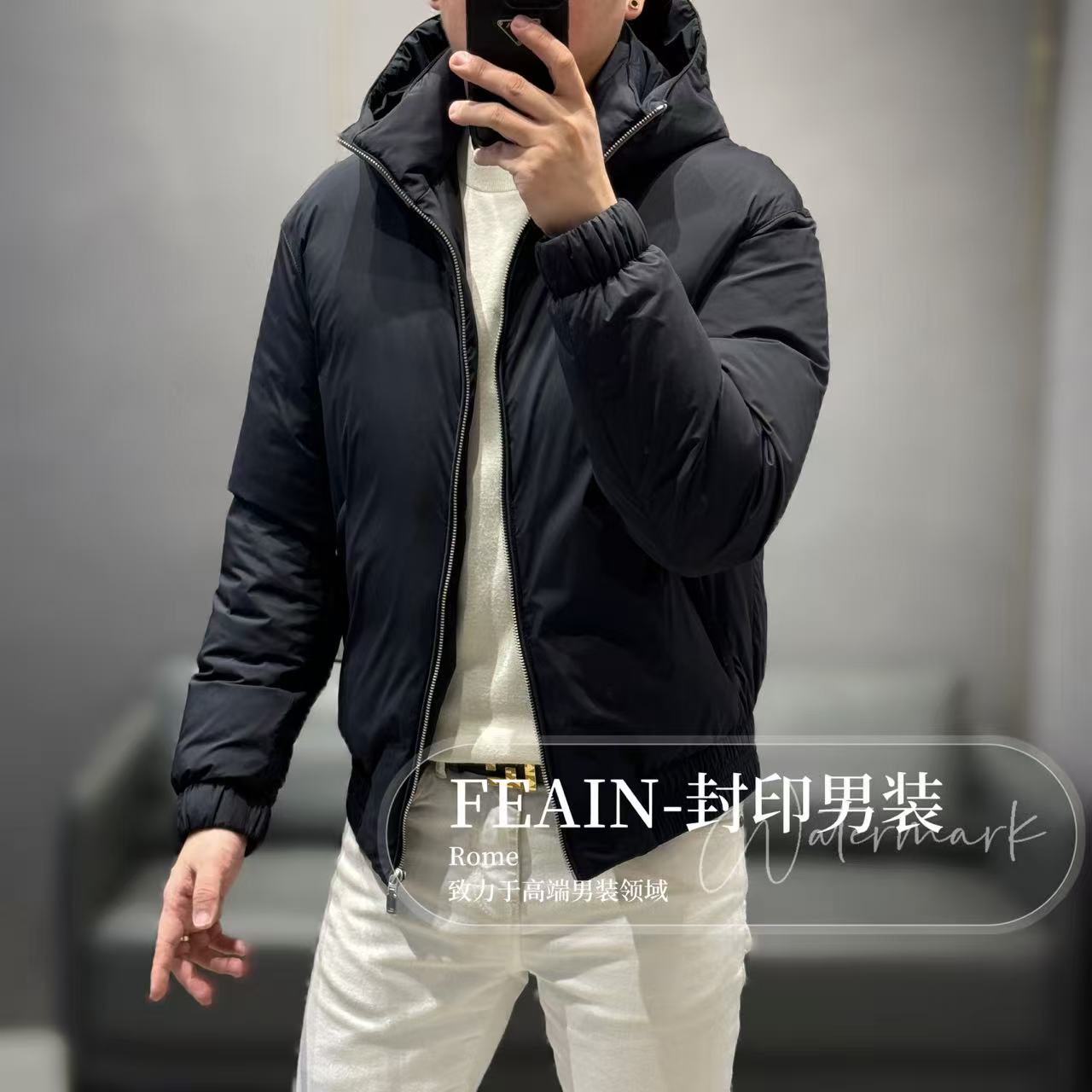 【鹅绒拼真皮】高端男士定制飞天鹅绒拼真皮连帽羽绒服77812