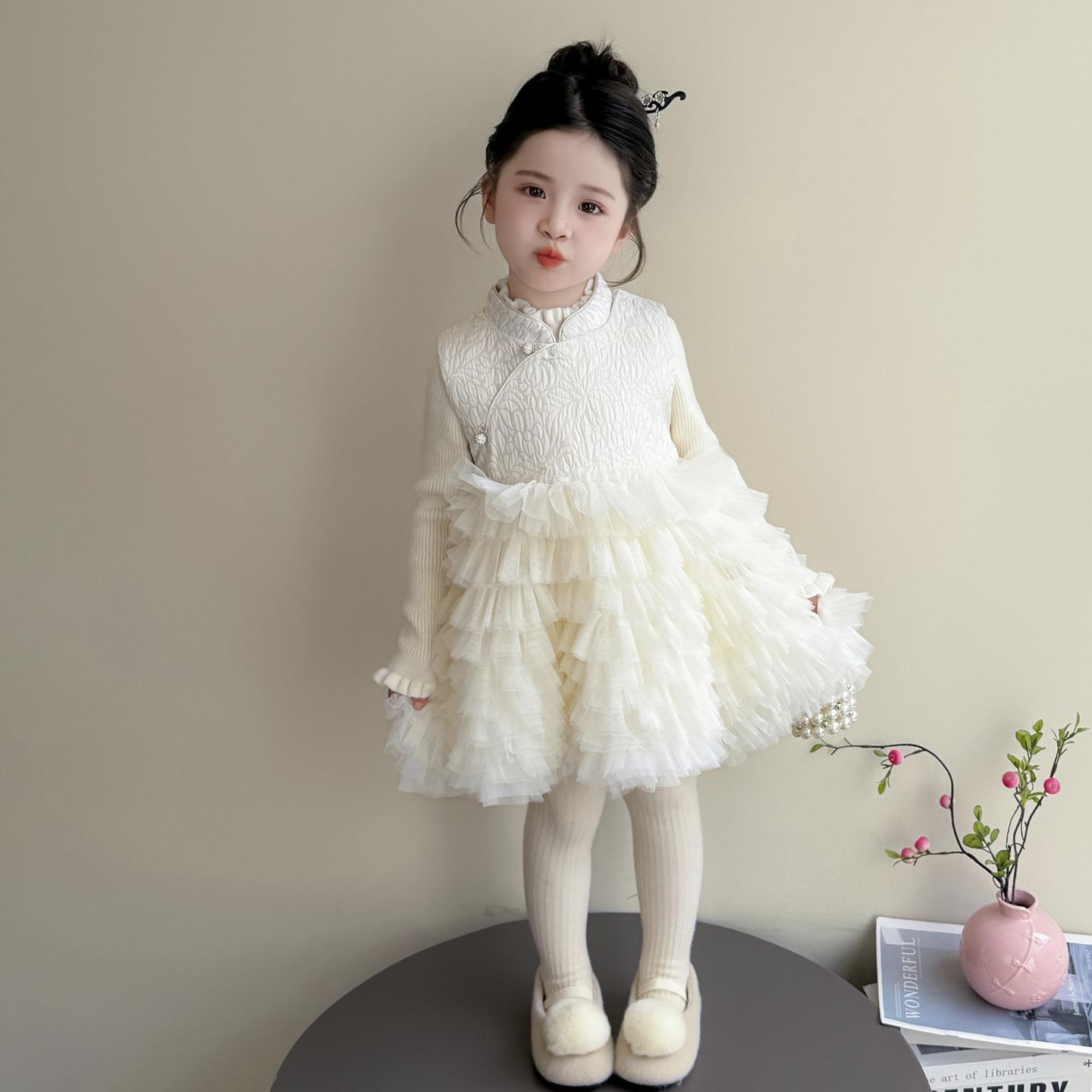 女童连衣裙秋冬装儿童国风公主裙洋气旗袍女宝宝加绒网纱裙子套装