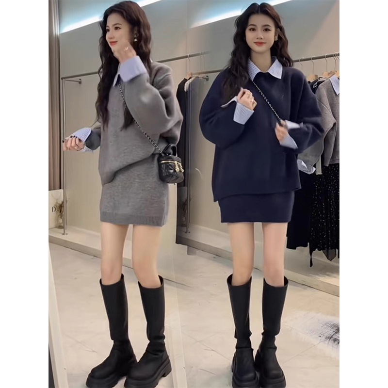 拉夏贝尔温柔系穿搭套装女2025春秋假两件拼接毛衣半身裙两件套装