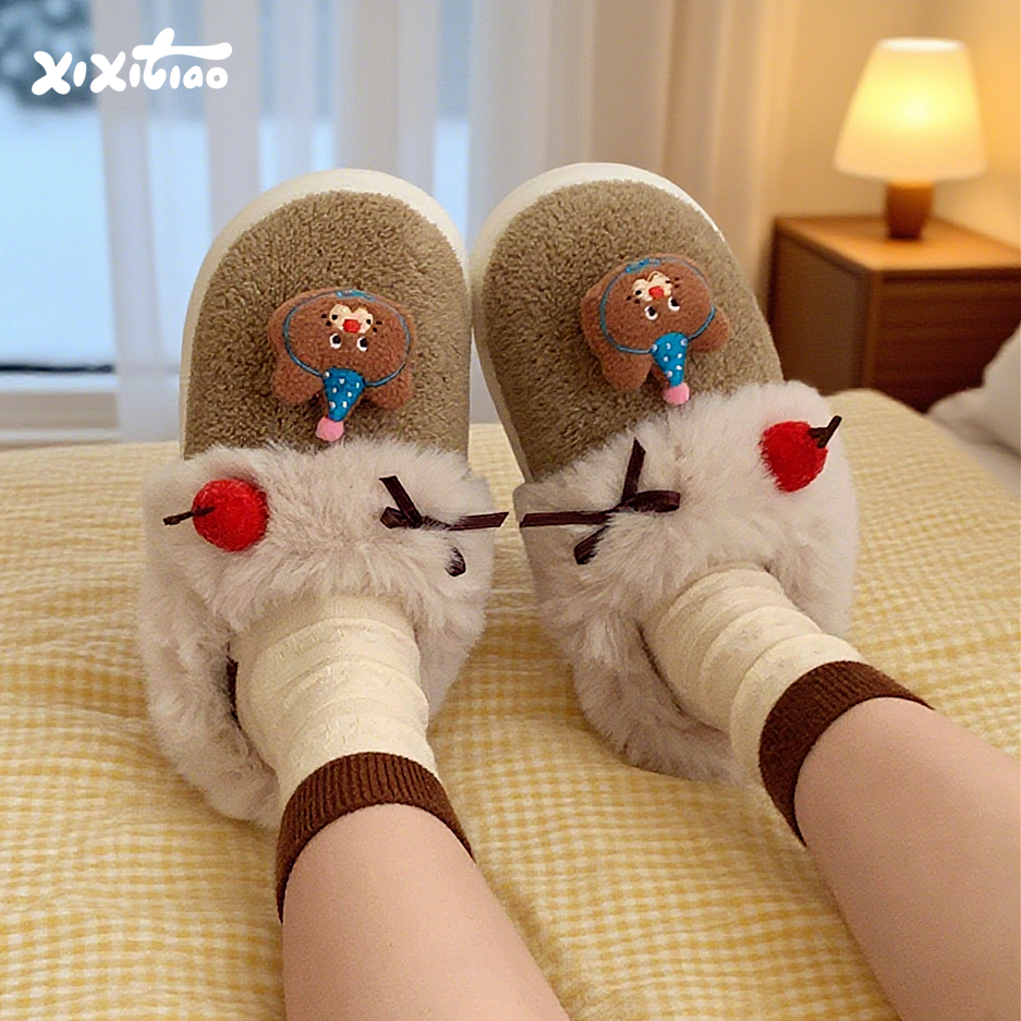 细细条 樱桃小熊棉拖鞋2025新款可爱卡通保暖毛毛拖鞋月子鞋女ins