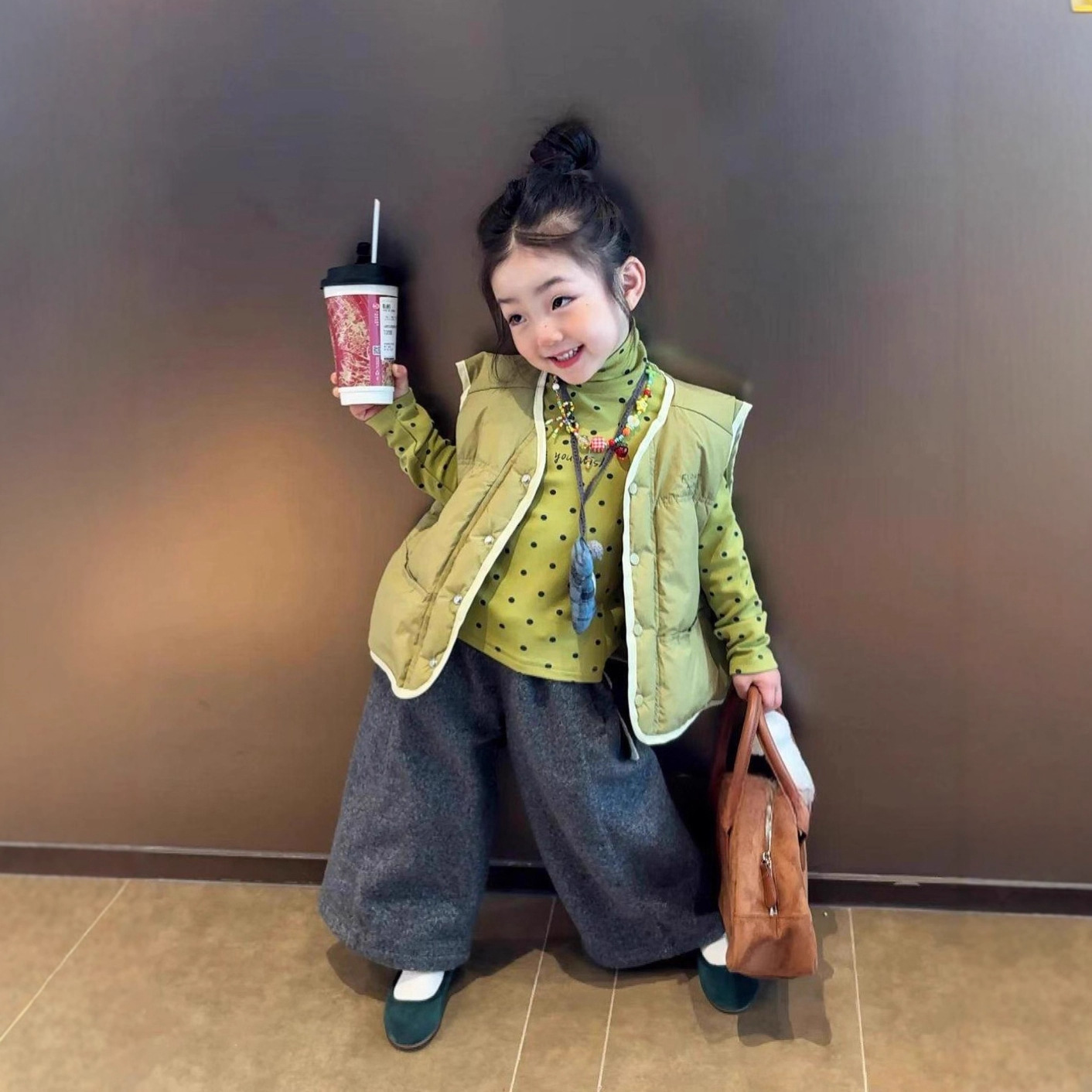 小思家女童2025秋冬新款韩版洋气百搭儿童马甲阔腿呢子裤休闲套装