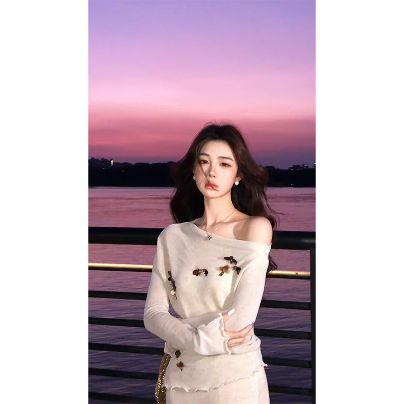 parkyeon秋季新款气质卷边露肩针织衫上衣温柔高腰显瘦半身裙套装