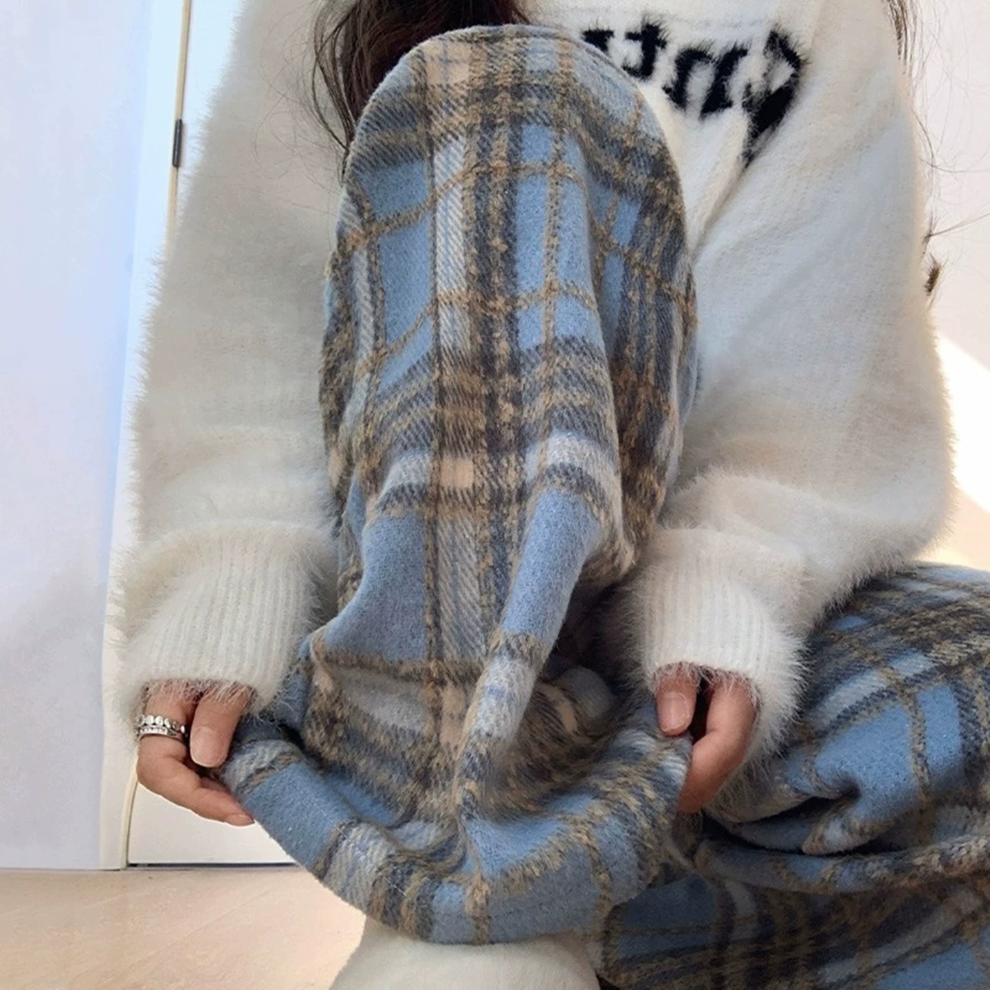 蓝色加绒加厚格子裤女秋冬高腰垂感百搭休闲直筒毛呢胖MM阔腿裤