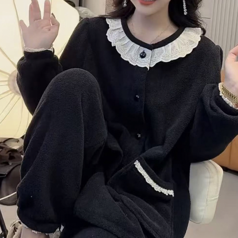 秋冬新款杨梅绒保暖长袖睡衣女蕾丝花边拼接可外穿家居服套装