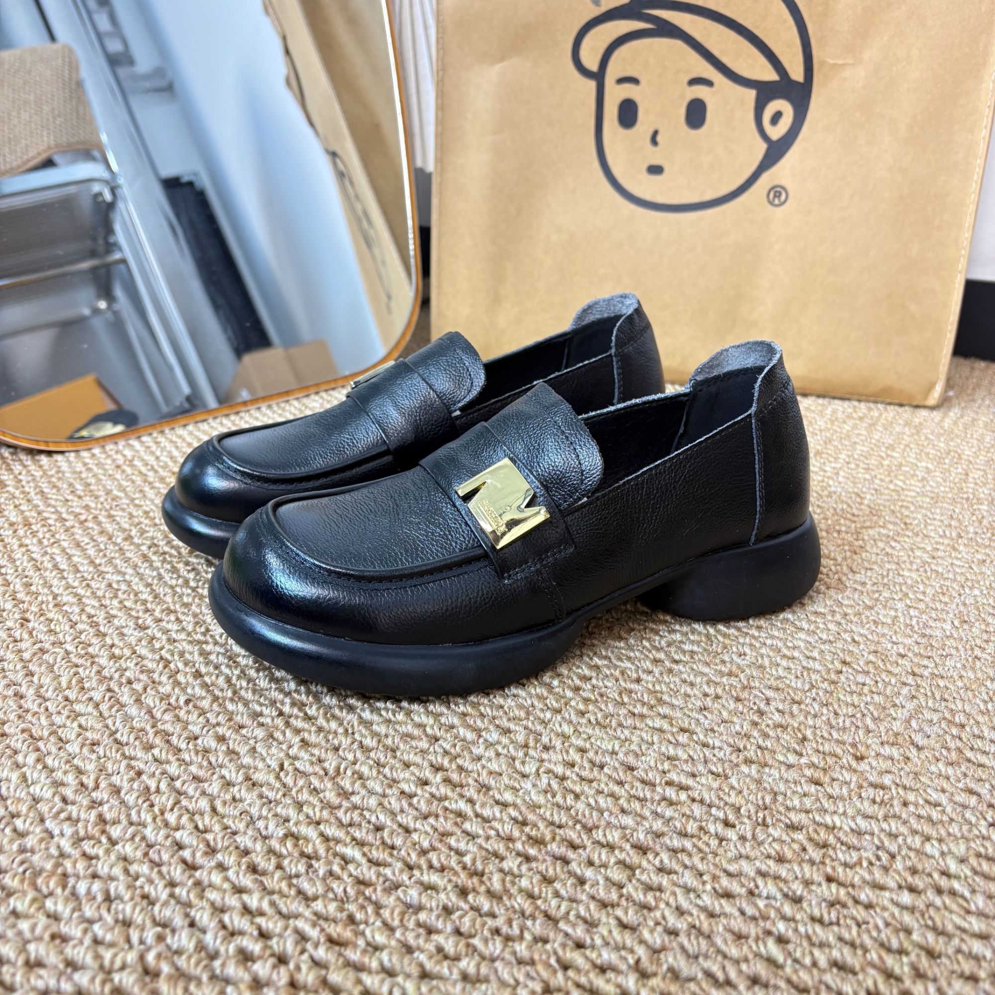 002头层牛皮女单鞋百搭简约一脚蹬舒适乐福鞋粗跟软底软面女鞋