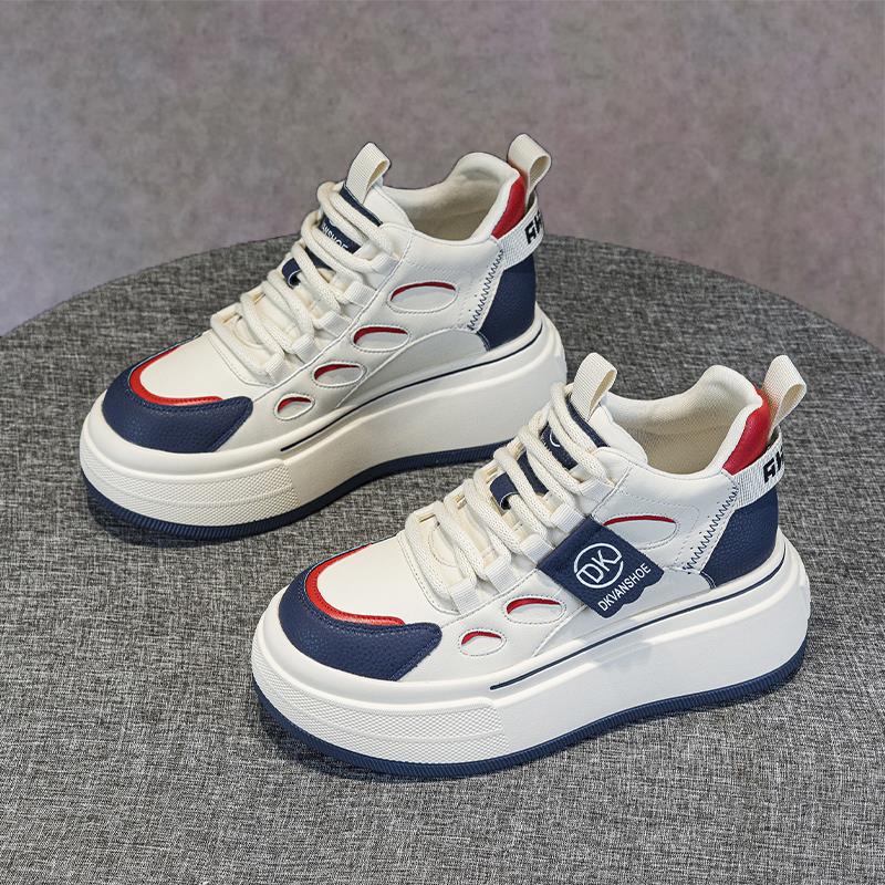 万达撤柜真软皮高帮小白鞋女2025拼色松糕增高7cm休闲i厚底运动板