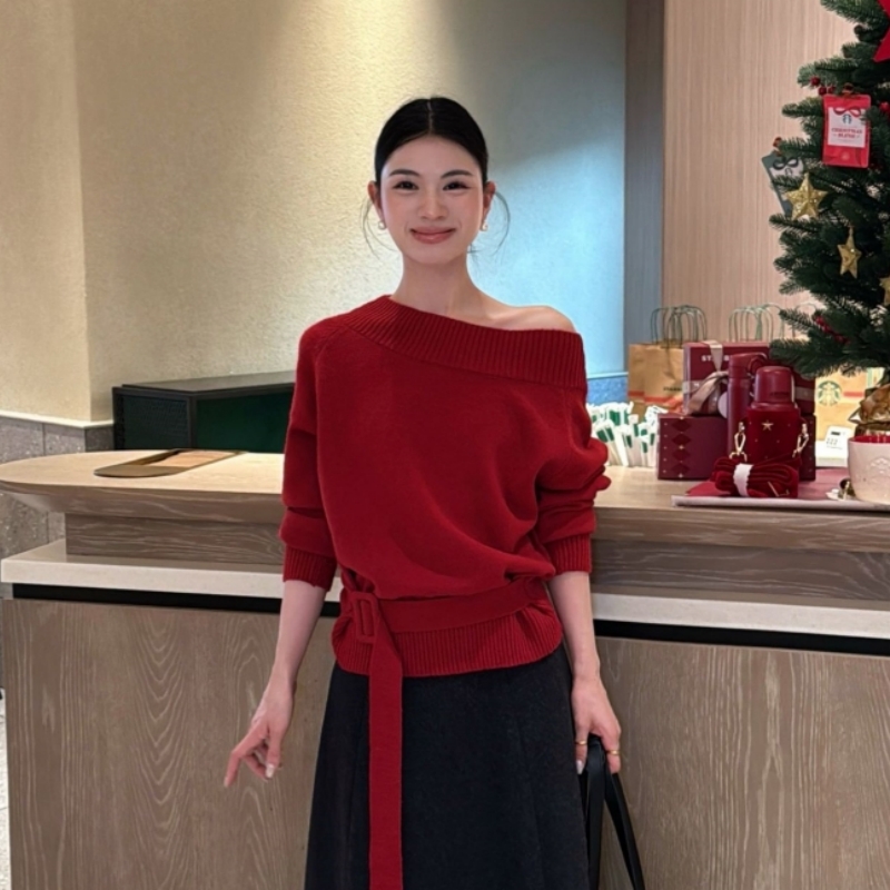 大码过年圣诞红色斜肩掐腰绑带针织衫毛衣秋冬气质内搭打底衫上衣