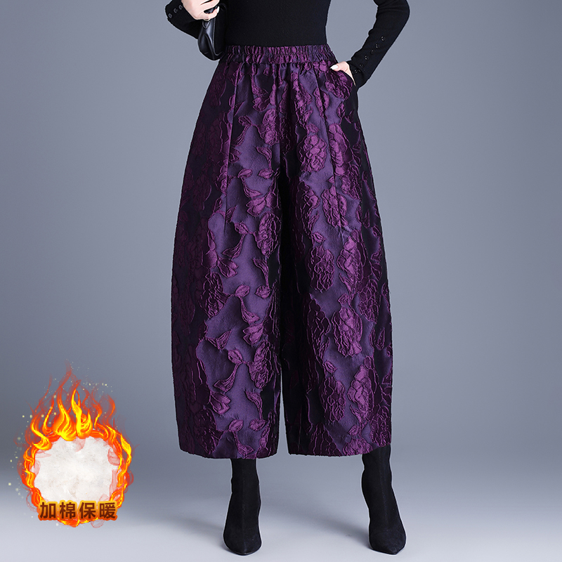 紫色国风浮雕提花茧型阔腿裤年轻妈妈时尚款式秋冬加厚九分花苞裤