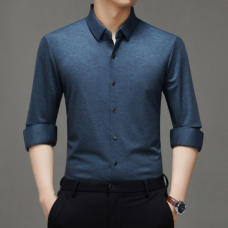 秋季新款高档羊毛长袖衬衫男士中年商务休闲无痕爸爸装衬衣