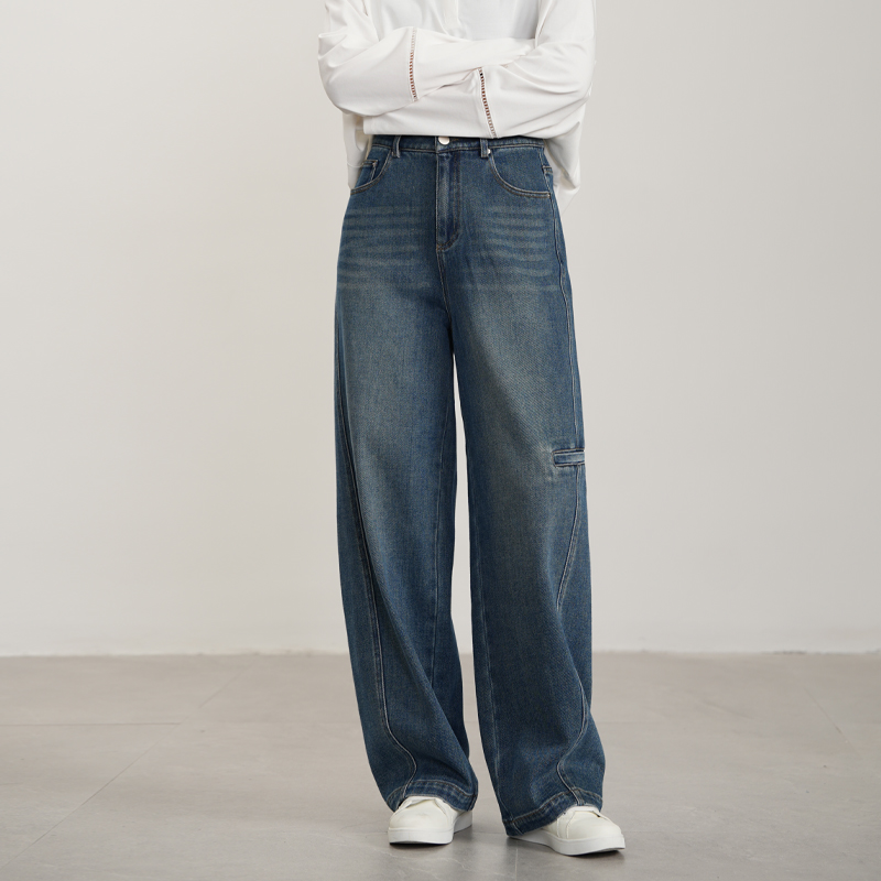 凌丹娜秋季设计师普鲁士蓝弯刀牛仔阔腿裤复古宽松慵懒YS53K3889