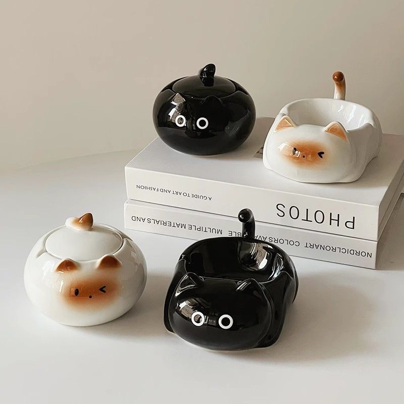 暹罗猫卡通陶瓷带盖防飞烟灰缸家用装饰摆件高颜值可爱伴手礼礼物