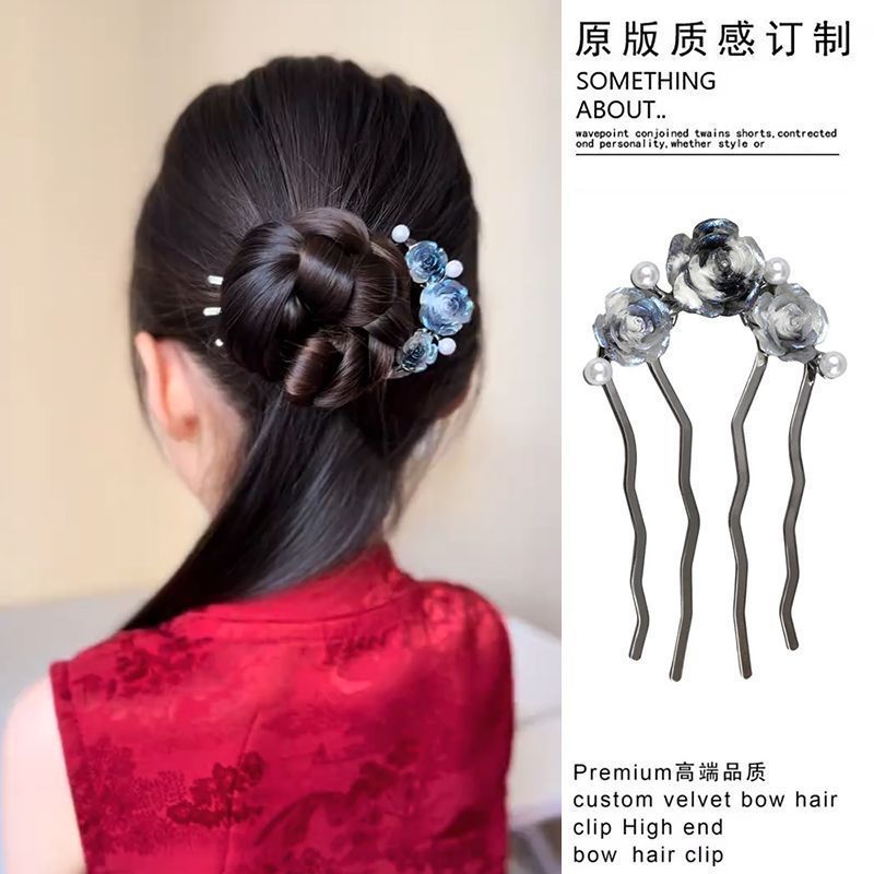 国风蓝色四齿珠珠玫瑰花新中式盘发簪子后脑勺复古盘发器发饰头饰