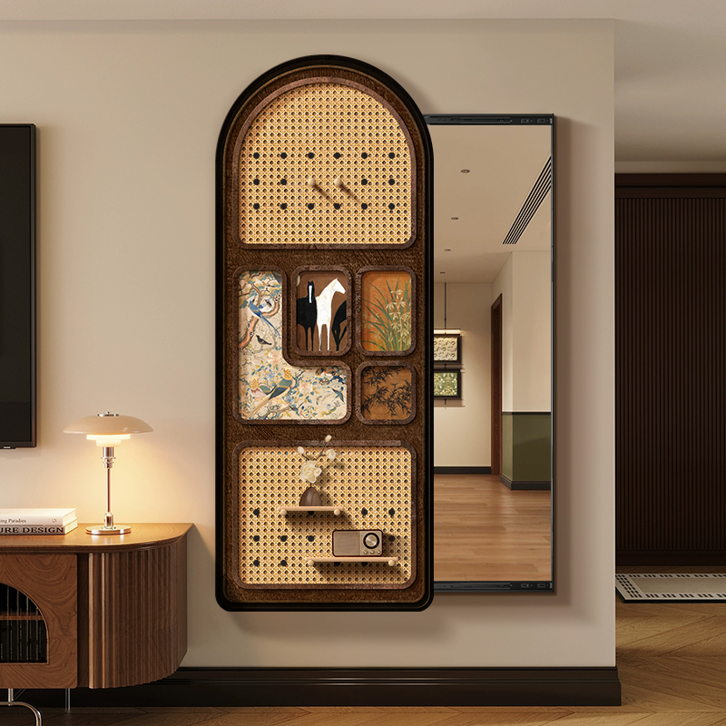 中古风洞洞板穿衣镜隐藏式全身镜隐形装饰画可推拉玄关镜子壁挂画