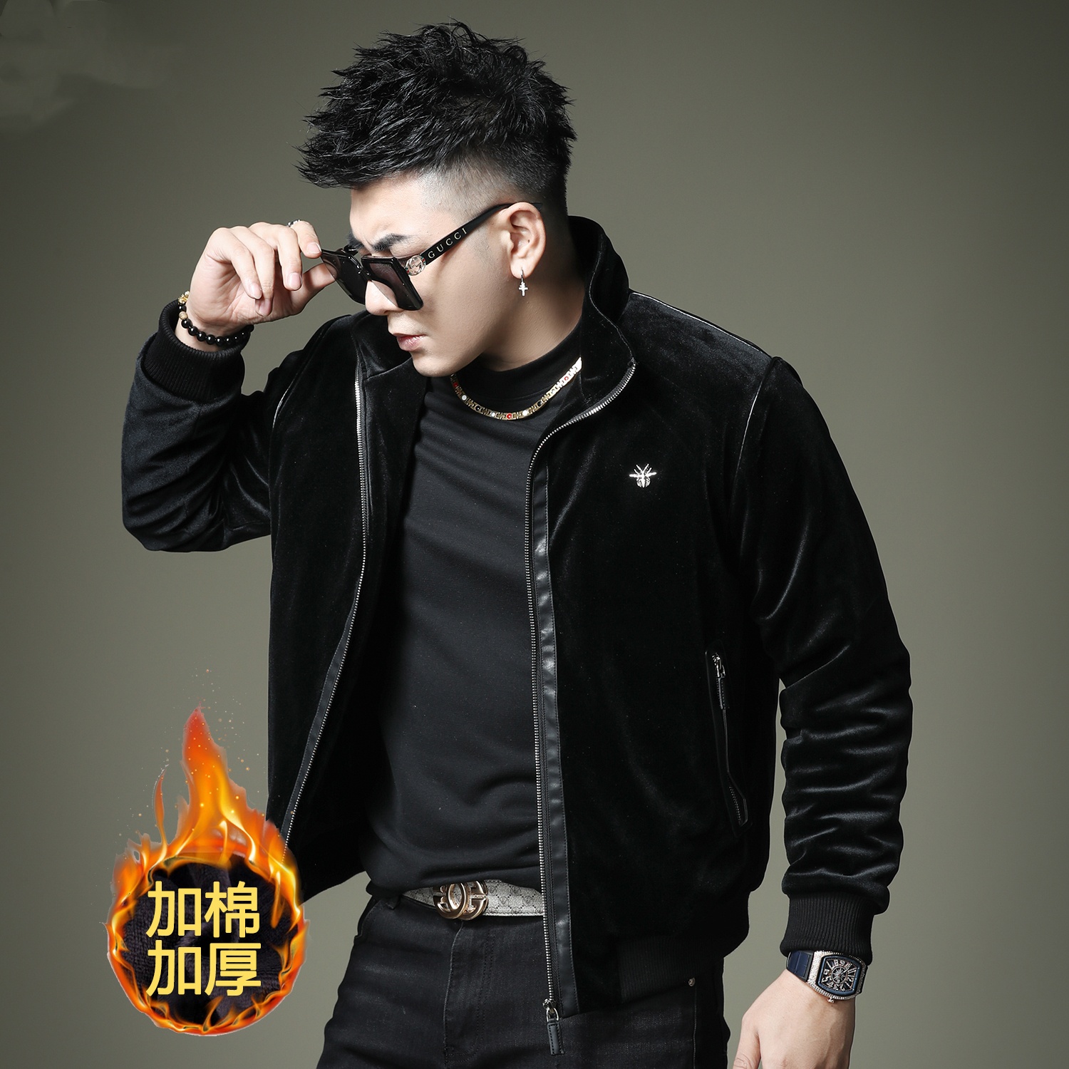 NDSL欧洲站金丝绒高端棉衣外套男潮牌秋冬款男士拼皮加厚棉服夹克