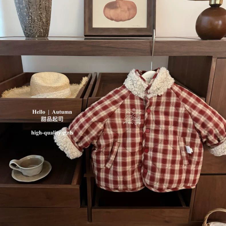 童装女童加厚保暖外套冬季25新款儿童格子棉衣宝宝立领两面穿棉服