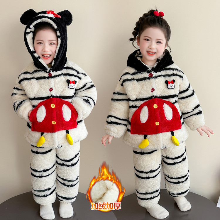 儿童睡衣女孩三层夹棉加厚加绒冬款珊瑚绒宝宝连帽套装女童家居服