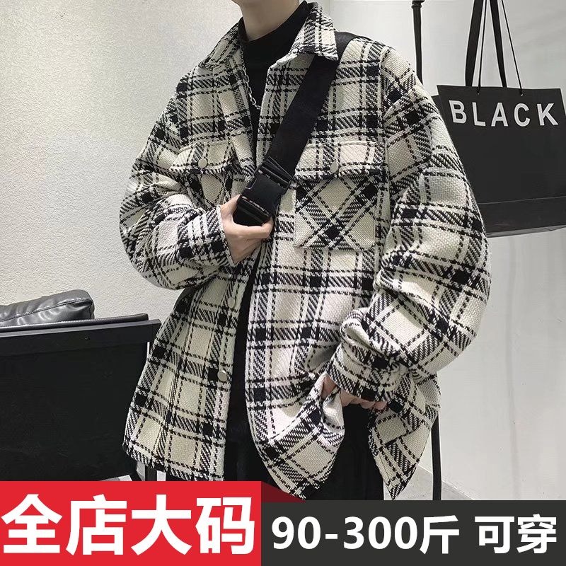 毛呢格子衬衫外套男港风春秋季新款潮流休闲大码宽松百搭帅气衬衣