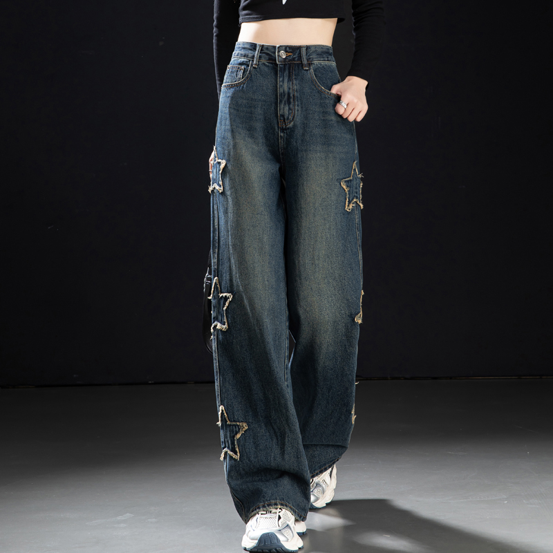 2025流行牛仔裤美式高街加绒阔腿裤女款设计感星星布贴高腰直筒裤
