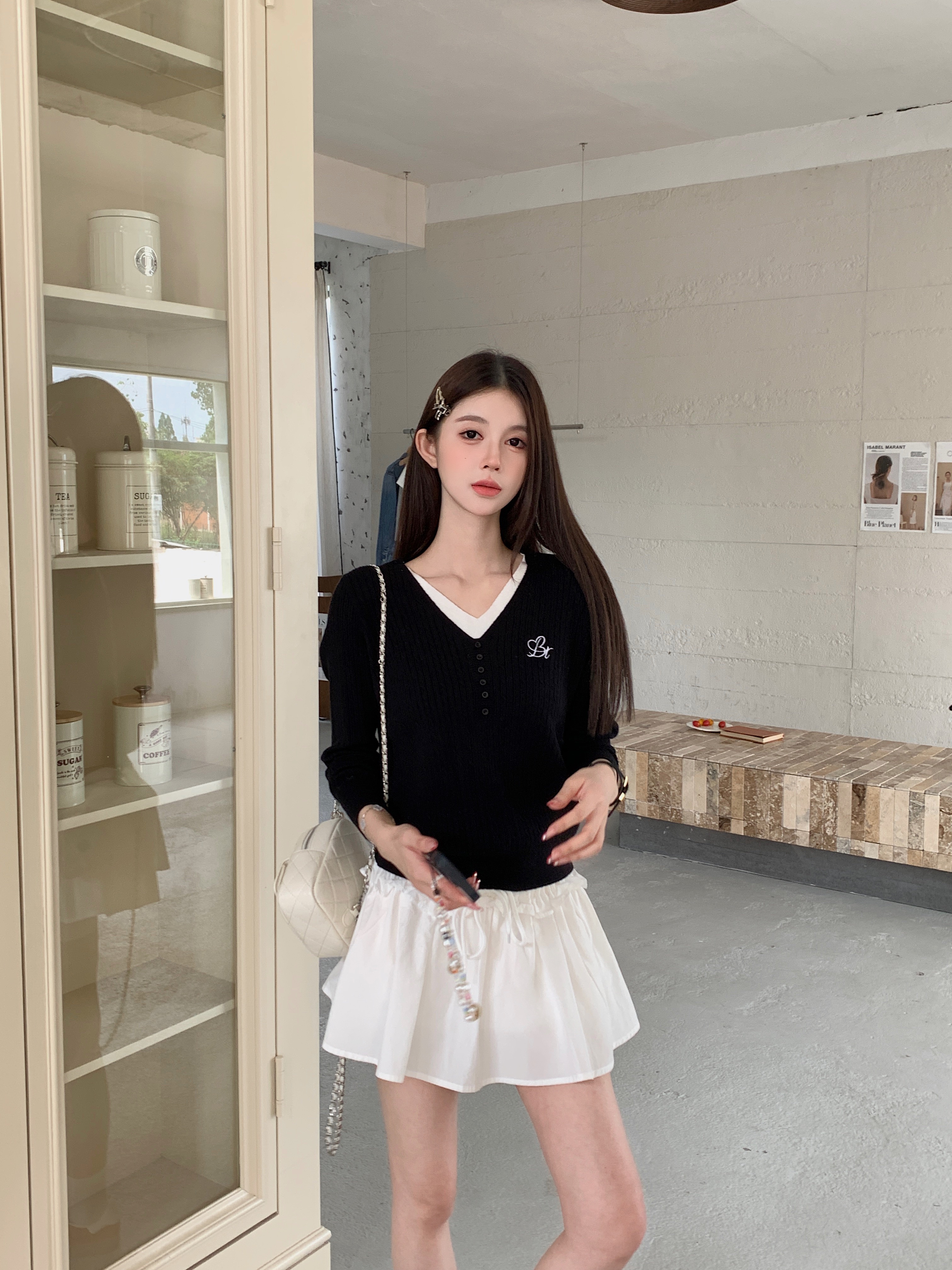 BETMASS韩系小香风假两件内搭半开口纽扣短款针织衫长袖上衣