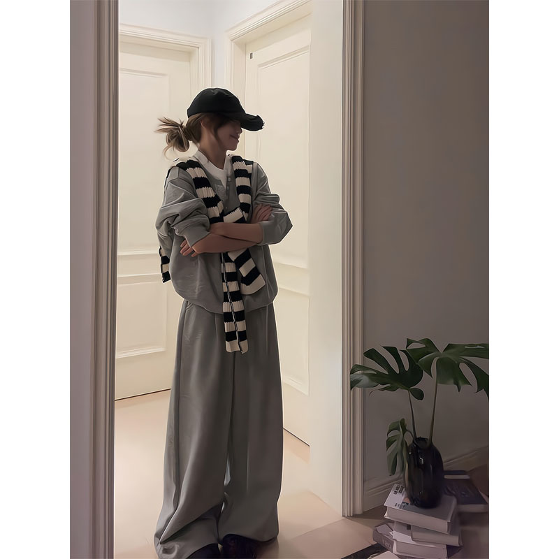 2025秋冬季新款长袖卫衣宽松休闲装披肩高腰阔腿裤拖地裤三件套