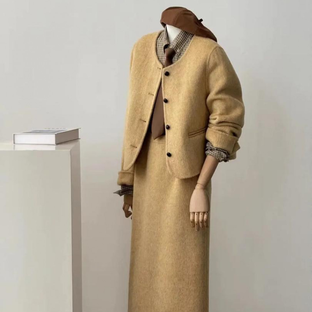 2025秋冬新款韩系穿搭高级感格子衬衫毛呢外套半身裙气质三件套女