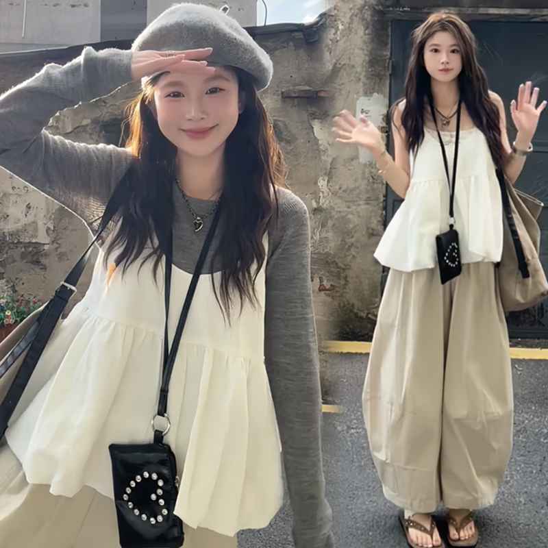 早秋孕妇装秋装套装2025时尚新款韩系上衣花苞吊带阔腿裤三件套秋