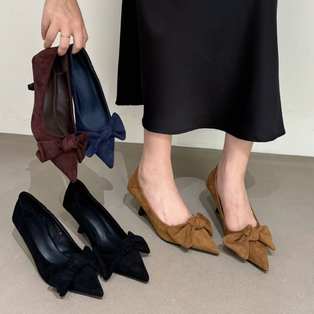 2025气质新款尖头绒面蝴蝶结黑色高跟鞋女时尚百搭尖头鞋通勤单鞋