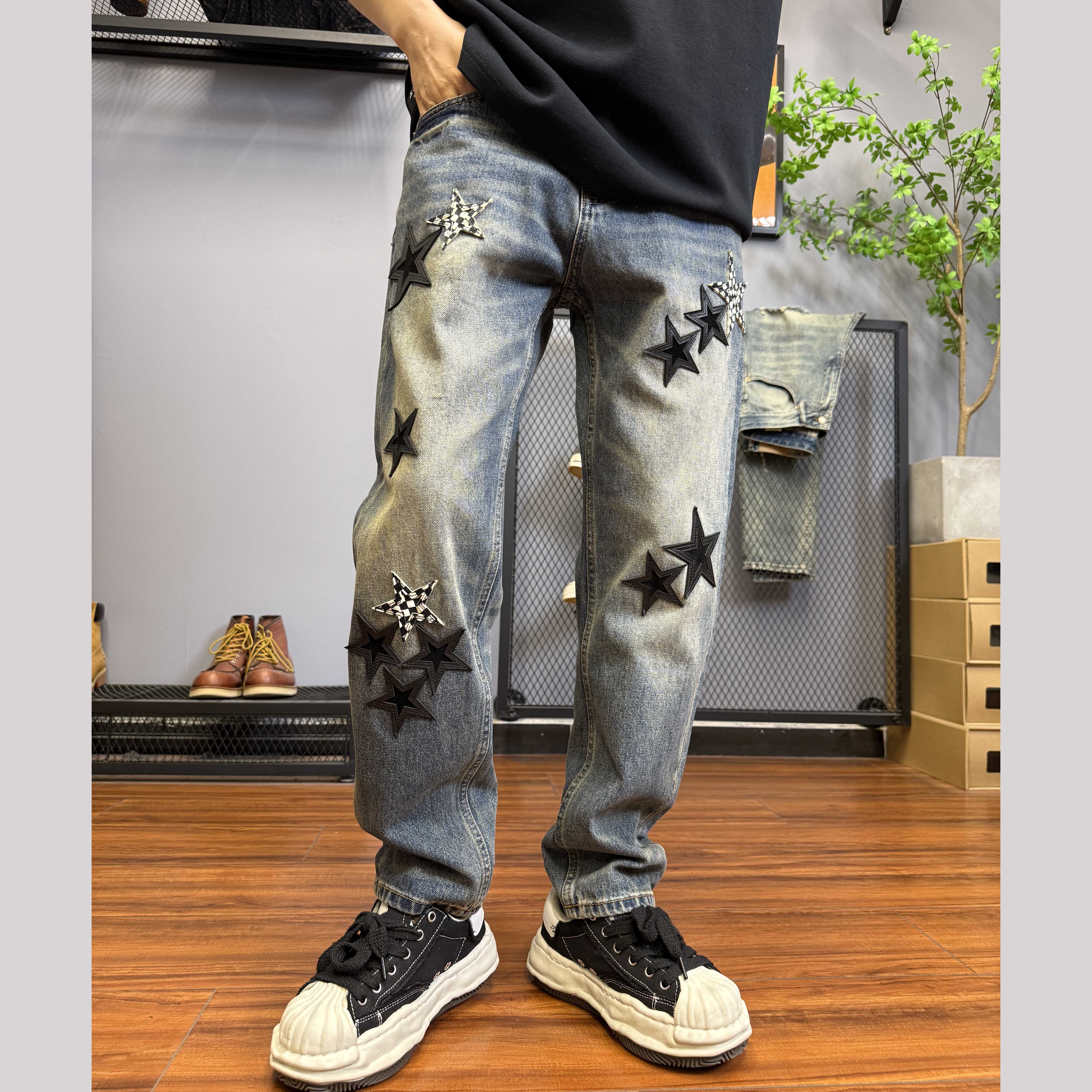 秋冬潮款星星复古水洗做旧牛仔裤男痞帅炸街宽松锥形长裤5411-3