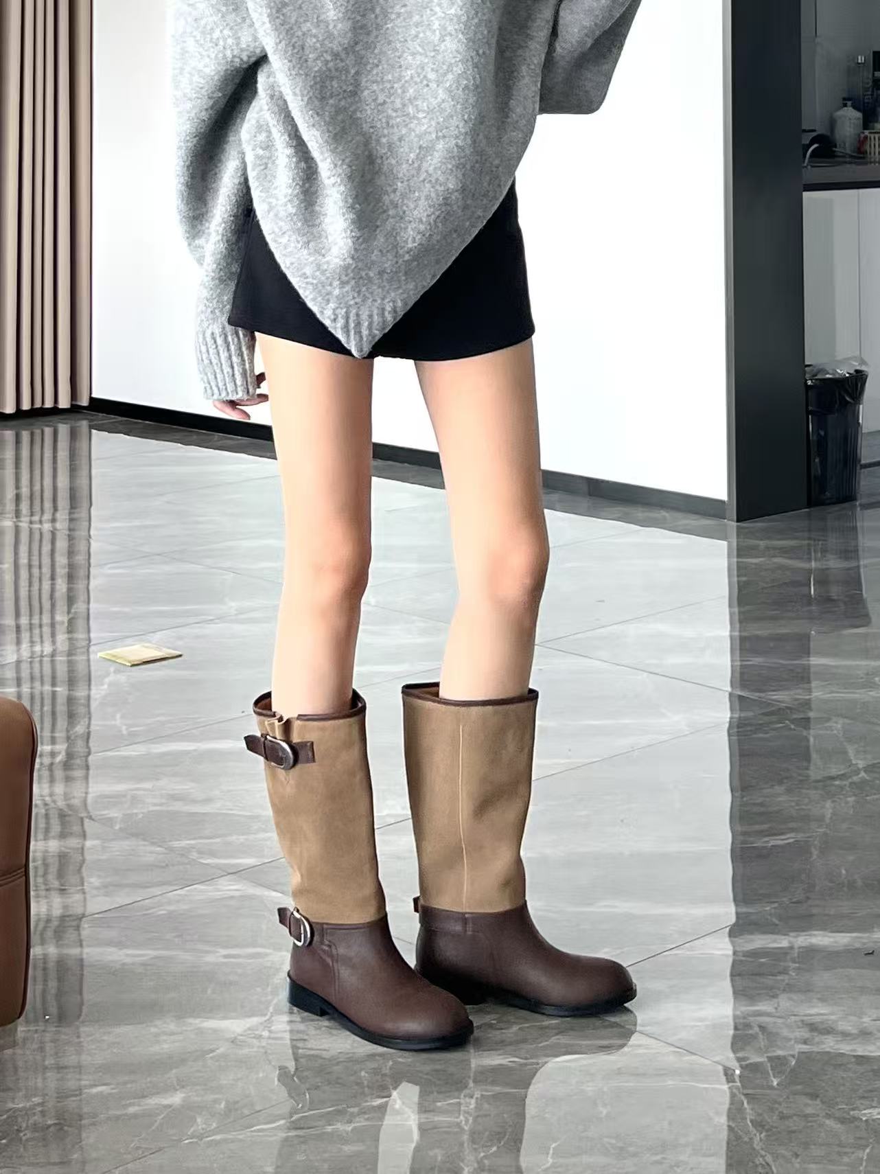 ZHIYU 复古棕色西部设计长筒靴 简约百搭显瘦大筒围堆堆靴3cm