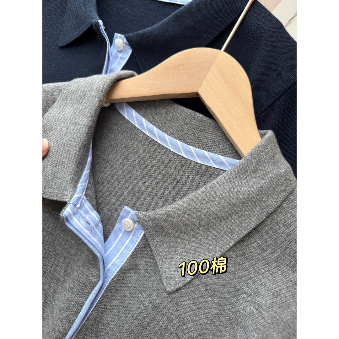 「撞色领长袖版」撞色减龄经典polo翻领针织长袖T恤简约显瘦Q0437