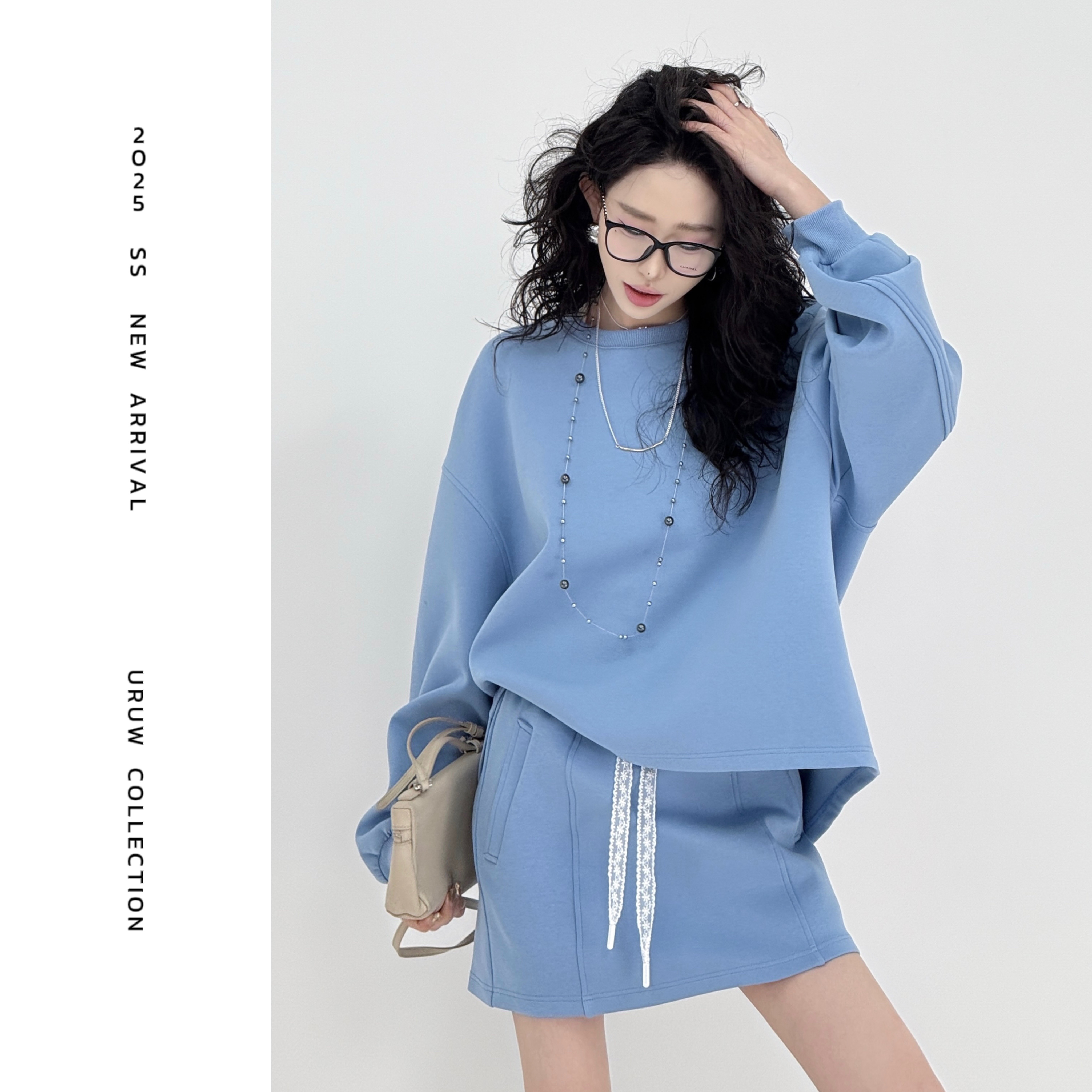 现货【安妮舞会】纯色套头卫衣春季高腰蕾丝系带设计感a字半裙 9091