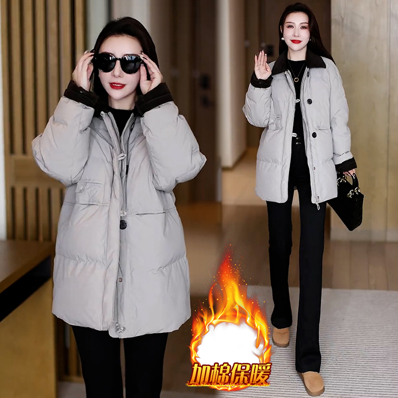 加厚撞色中长款羽绒棉服女2025冬季新款宽松百搭好看保暖棉衣棉袄