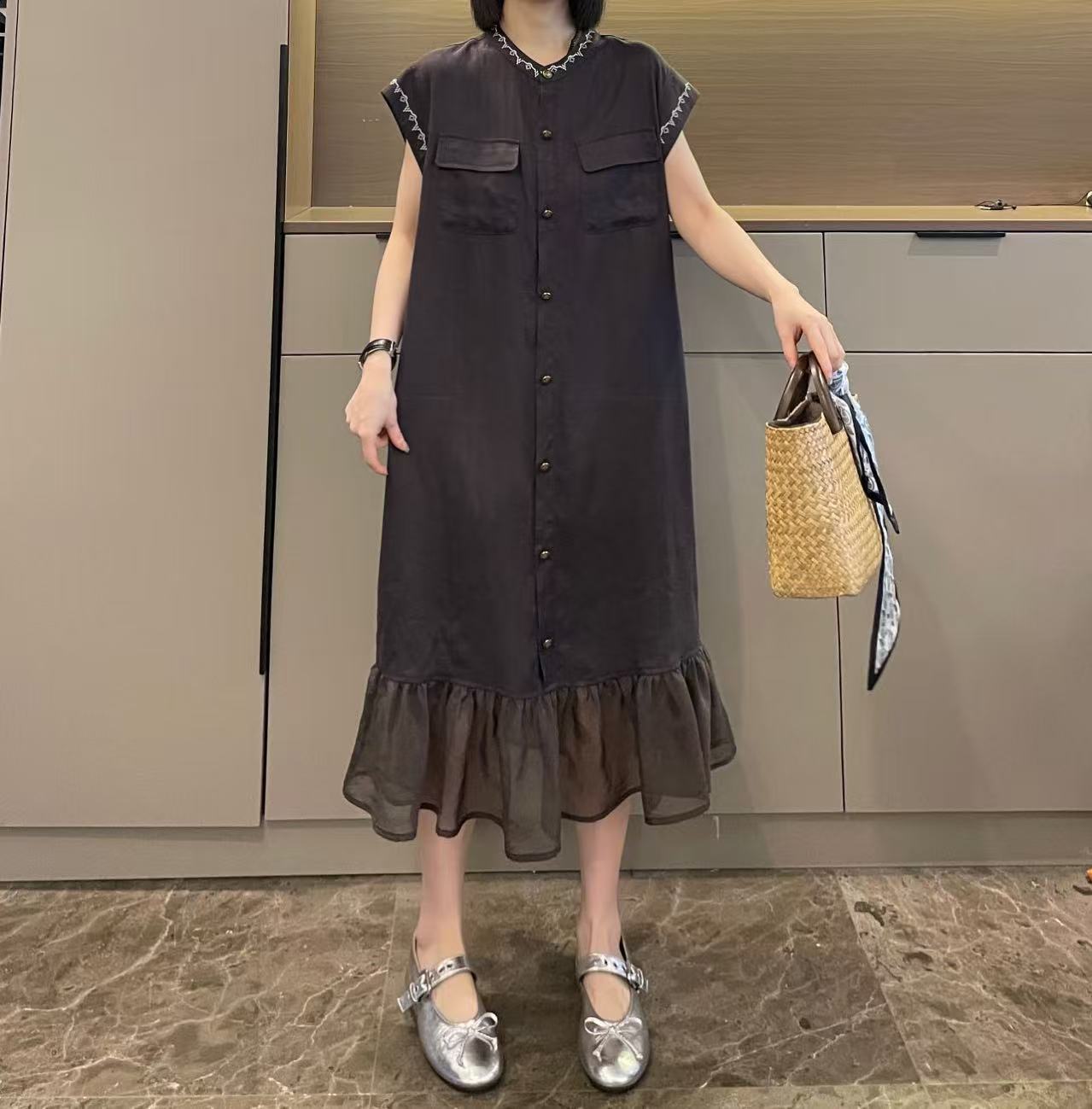 米可/MK-2400LJ【刺绣小飞袖拼纱长款连衣裙】时尚夏季新款连衣裙