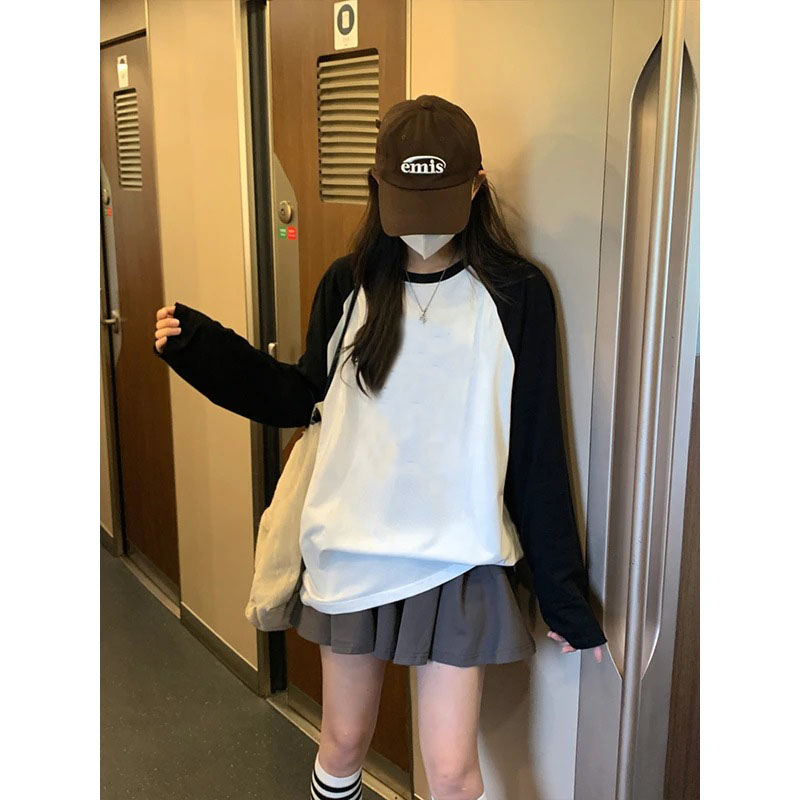 特大码300斤纯棉插肩袖长袖t恤女春秋新款宽松拼色胖mm打底衫上衣