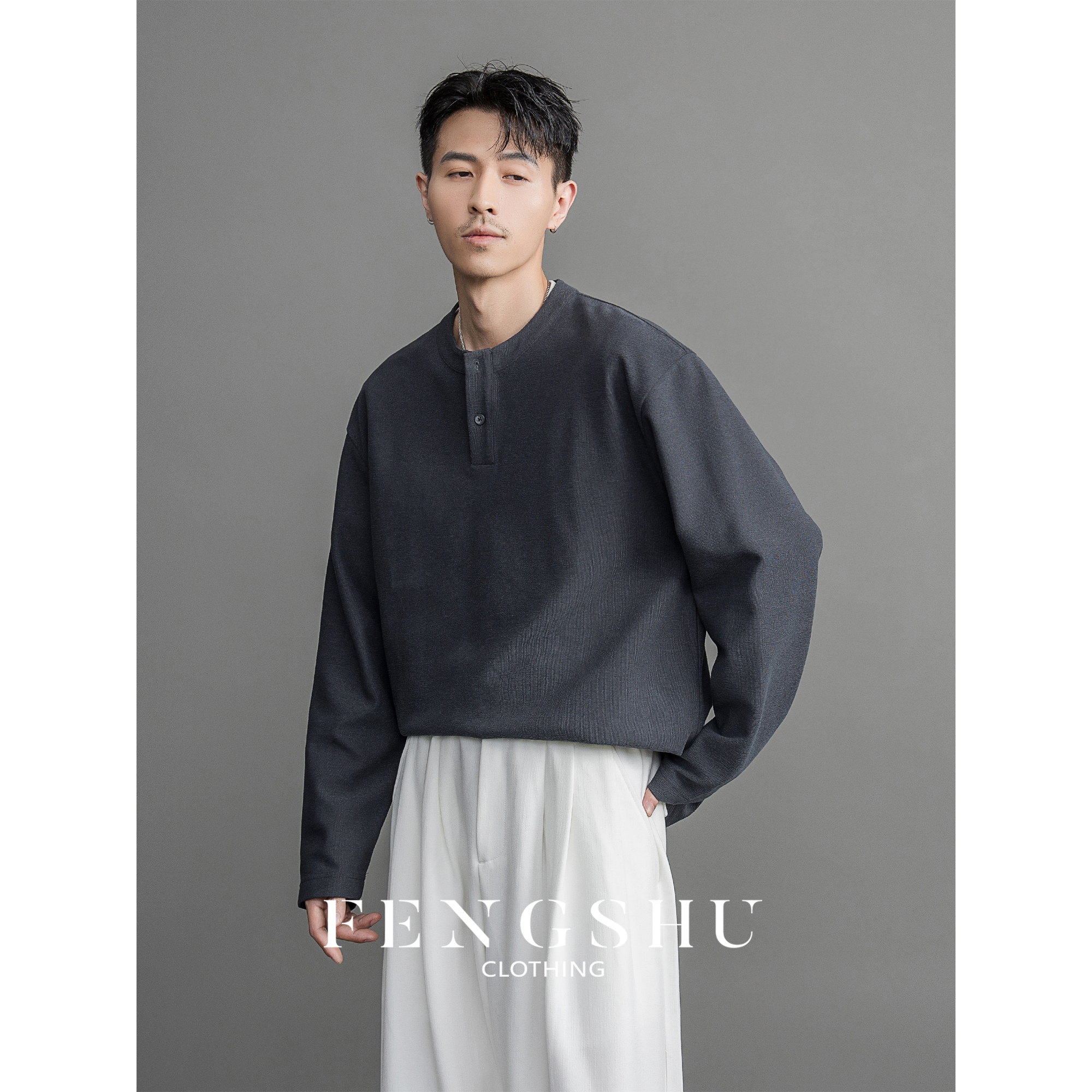 FENGSHU 早秋竖条纹针织长袖T恤男款纯色落肩袖圆领简约宽松上衣