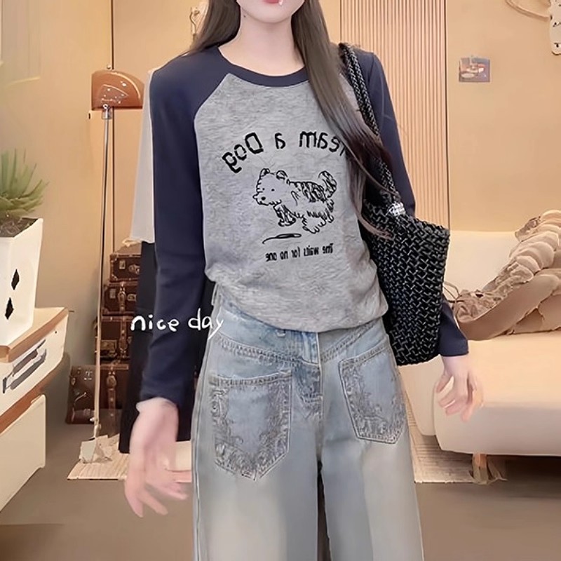 设计感卡通印花长袖T恤女秋季新款胖MM大码女装拼色圆领显瘦上衣