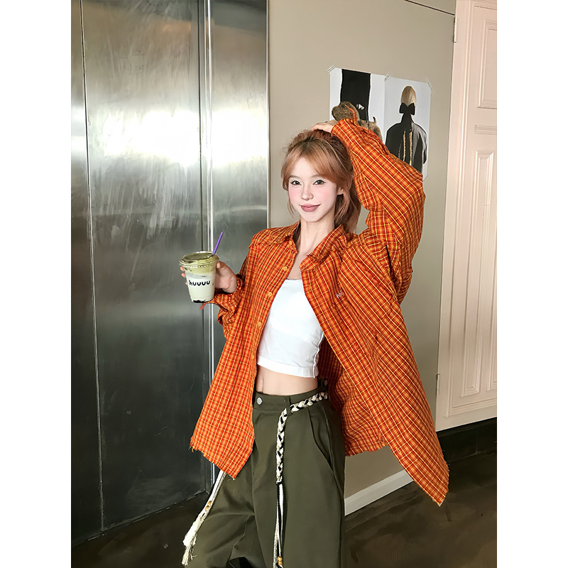 多巴胺橙色格子衬衫男女秋美式复古格纹长袖衬衣cleanfit情侣外套