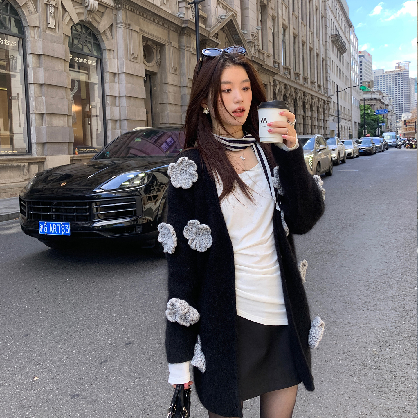 【夜色银花】RARE ZZ 黑色精致立体花朵针织开衫别致毛衣外套