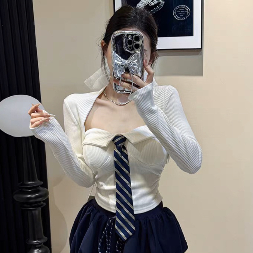 辣妹秋冬学院风领带抹胸背心+披肩小衫+百褶短裙三件套装