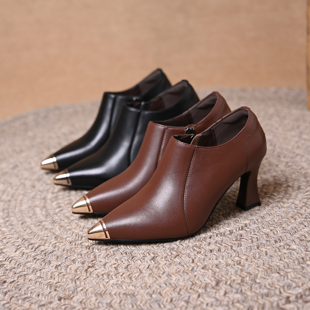 头层牛皮金属头防踢深口单鞋女2025春秋新款百搭尖头侧拉链高跟鞋