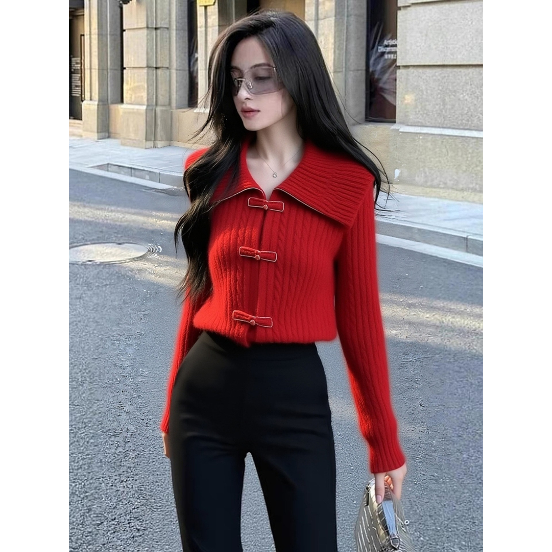 新中式红色翻领毛衣女2025秋冬新款设计感轻奢独特气质软糯针织衫