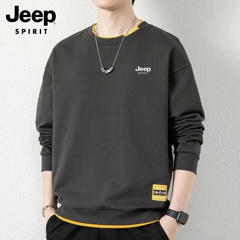 Jeep吉普圆领卫衣男士春秋宽松套头长袖T恤加绒假两件上衣防寒