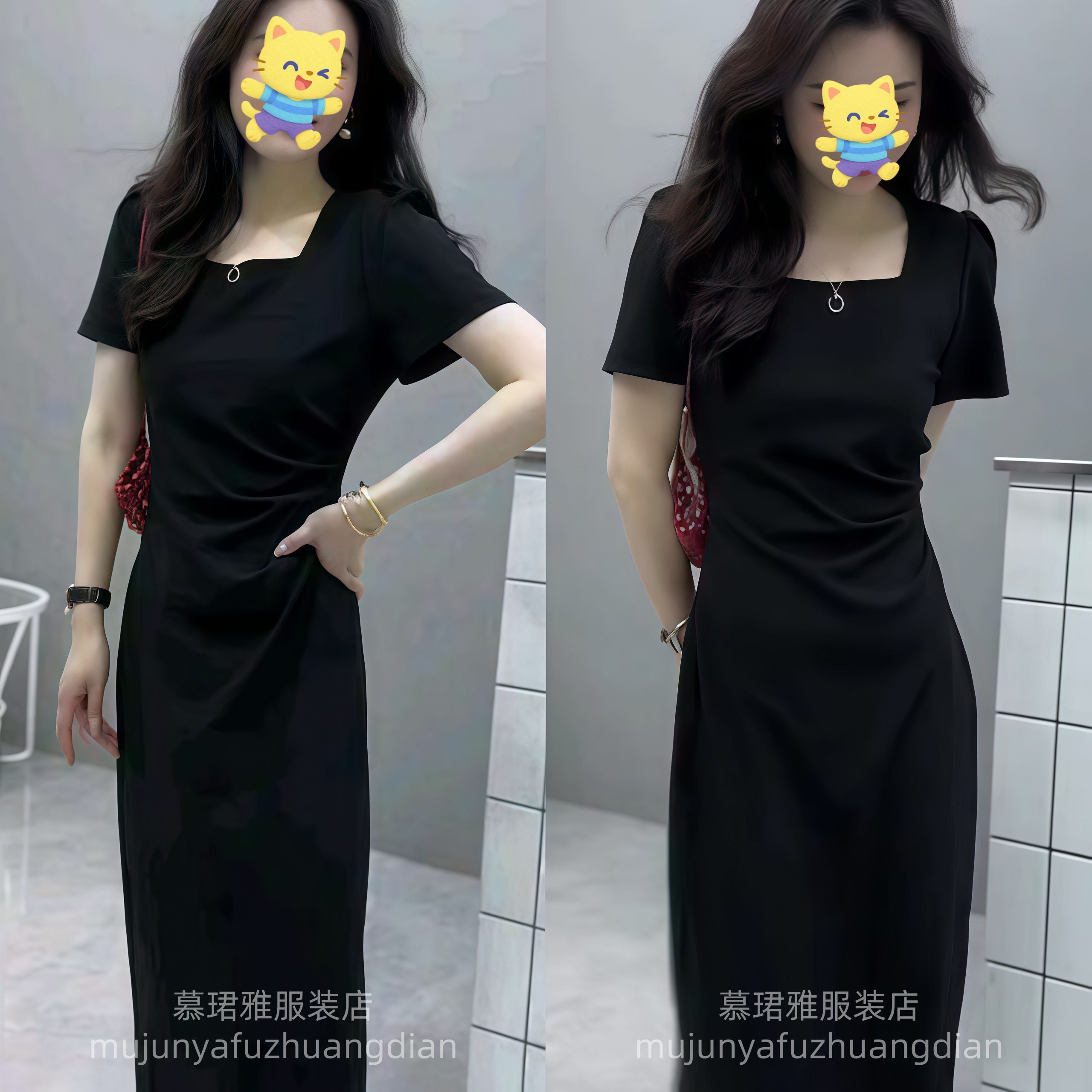 时尚方领连衣裙2025夏季气质修身显瘦优雅时尚高级感长裙