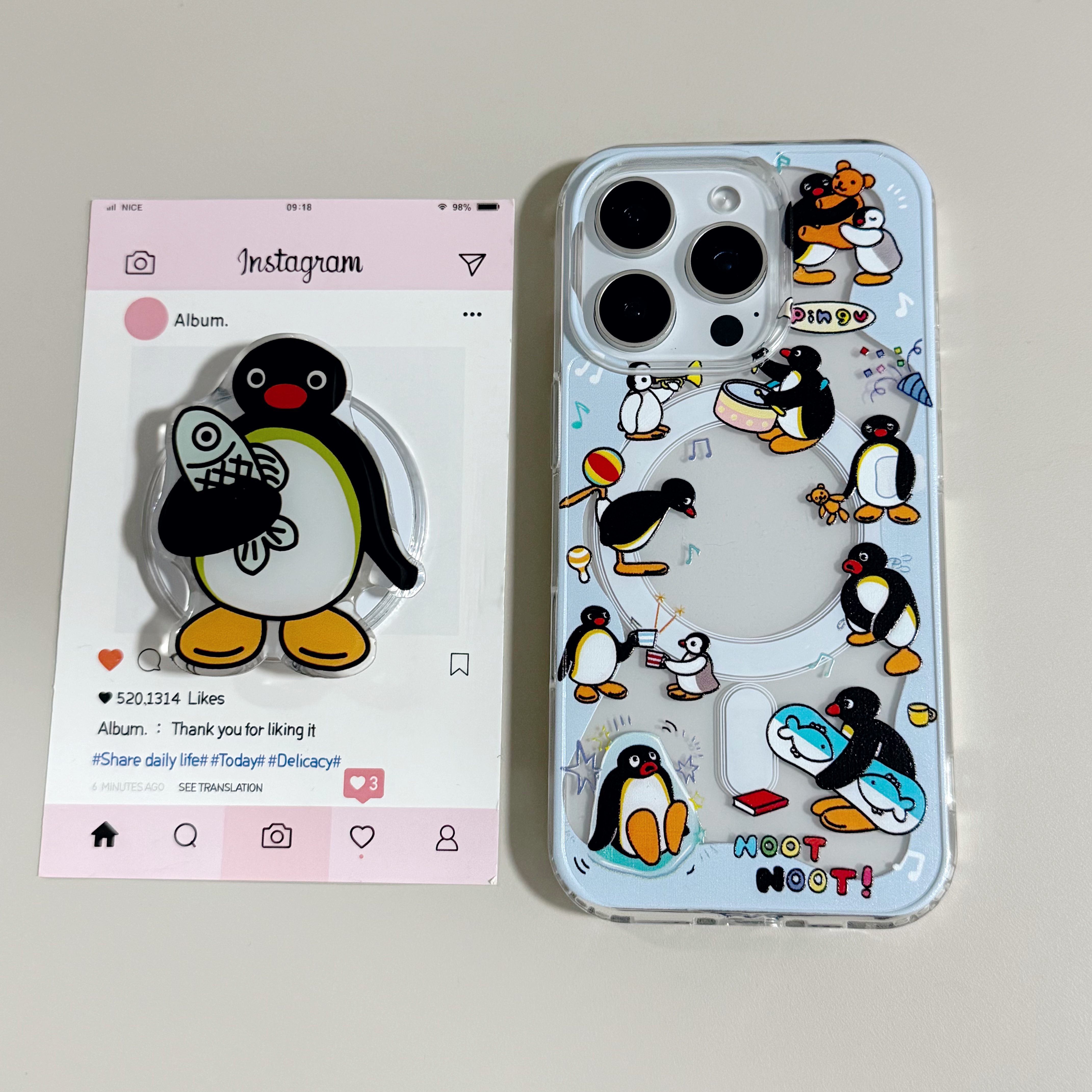 【亚克力磁吸】可爱pingu企鹅支架透明手机壳适用苹果17/16/15防摔