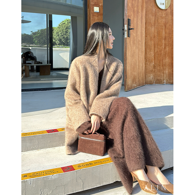 阿琳ALIN【软棕序章】冬季羊驼毛大衣女慵懒感厚针织开衫AL5HMD10