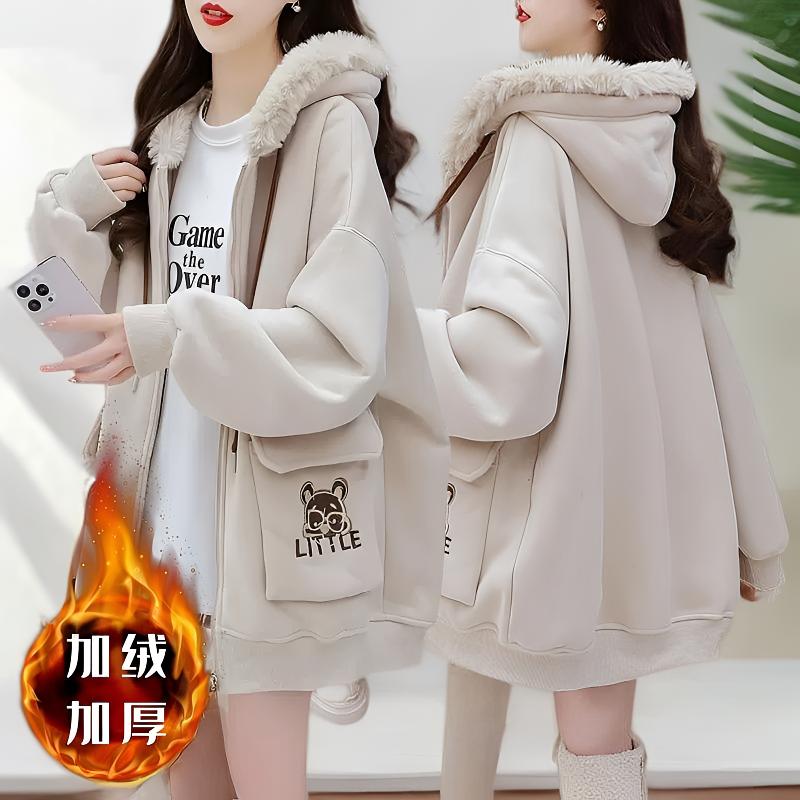 加绒加厚连帽开衫外套女冬季新款韩版宽松洋气中长款卫衣保暖上衣
