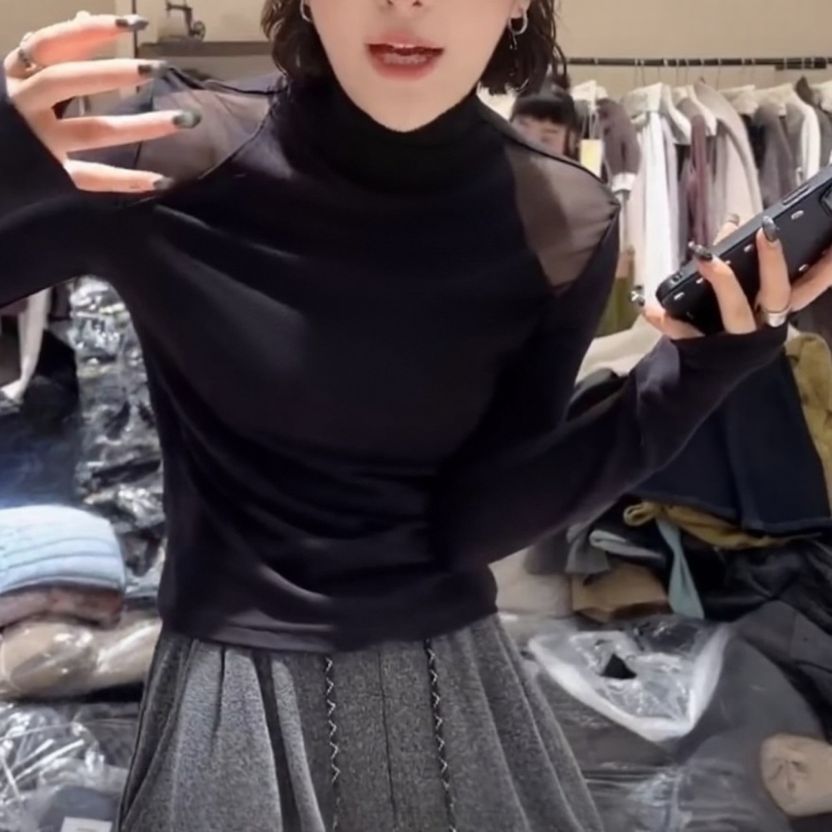 纯欲风设计感网纱露肩双面德绒打底衫女2025新款秋季韩版长袖T恤