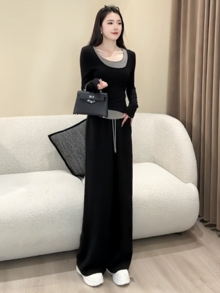 春装欧货时尚洋气运动休闲套装女2025爆款假两件T恤阔腿裤两件套