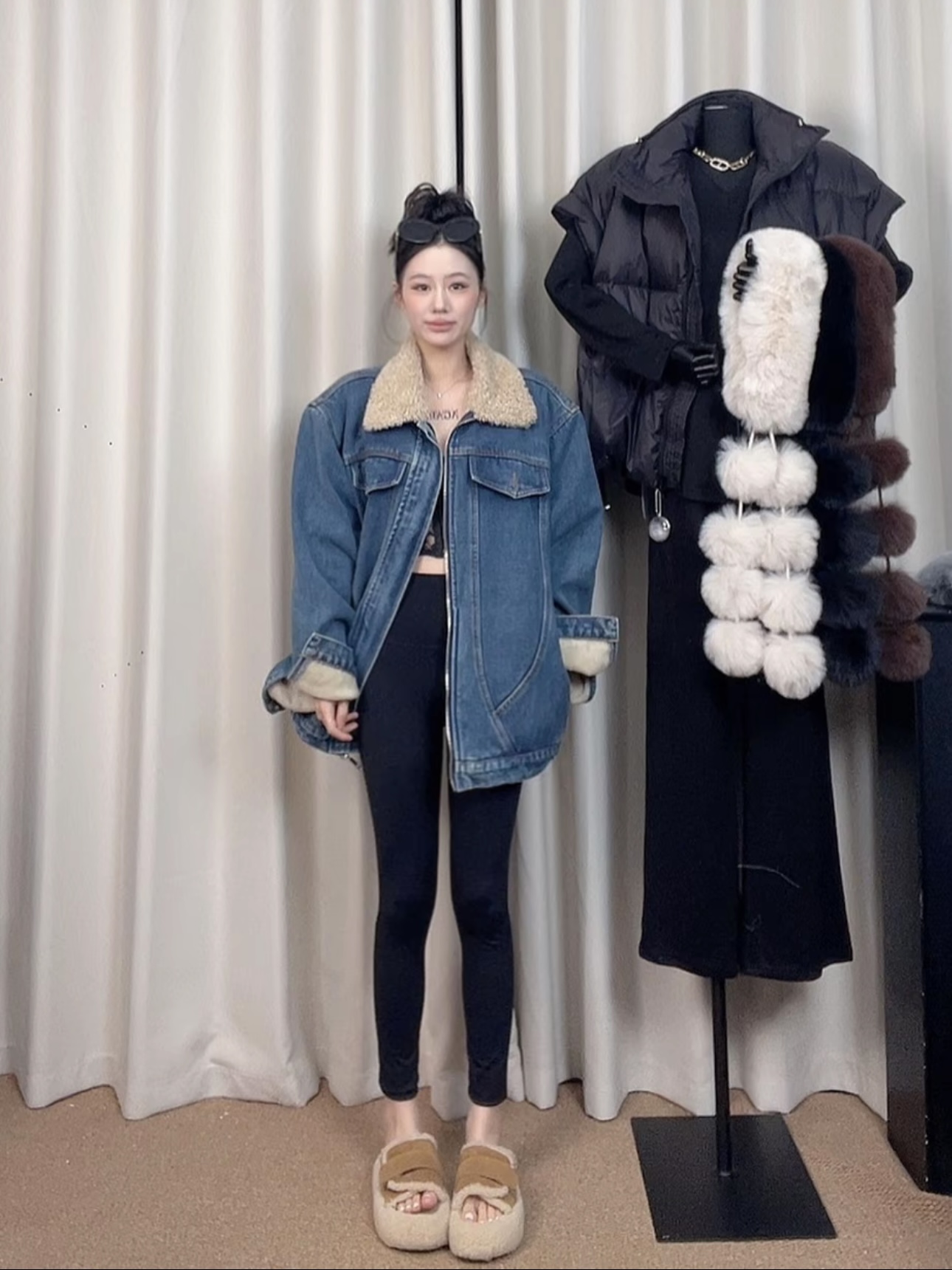 韩国东大门秋冬新时尚复古撞色毛领加绒中长款百搭牛仔外套女