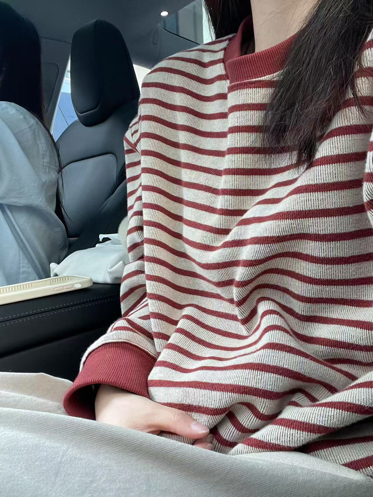 秋季韩系慵懒风条纹别致圆领长袖卫衣2025新款宽松上衣小个子女